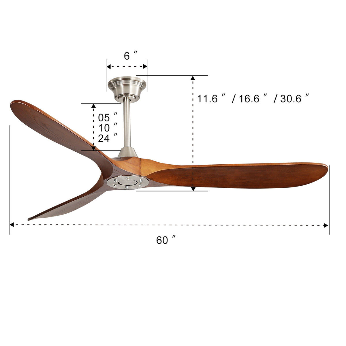 60 Inch Indoor Modern Ceiling Fan with Solid Wood Blades - Brushed Nickel