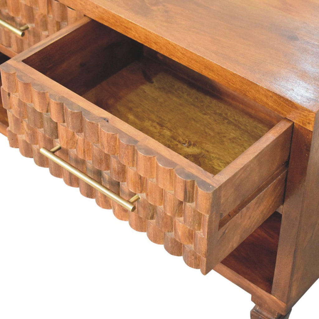 Solid Wood Cadiz Carved Shoe Bench with Open Storage Shelf - Chestnut