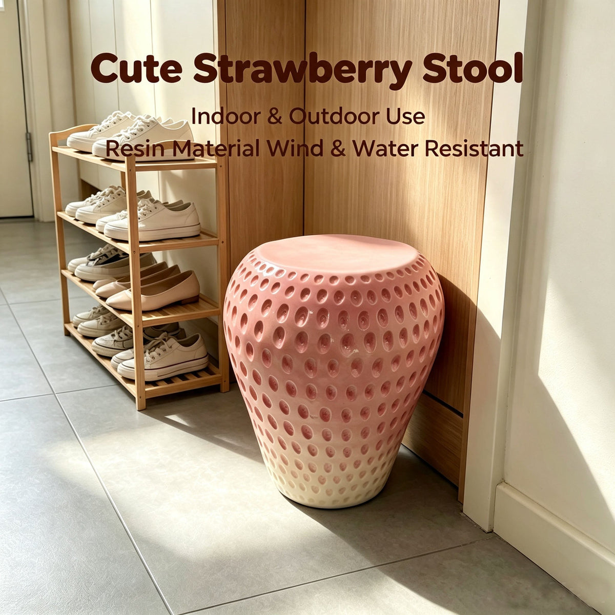 Strawberry Fruit Stool with Durable Resin Construction - Pink or Red