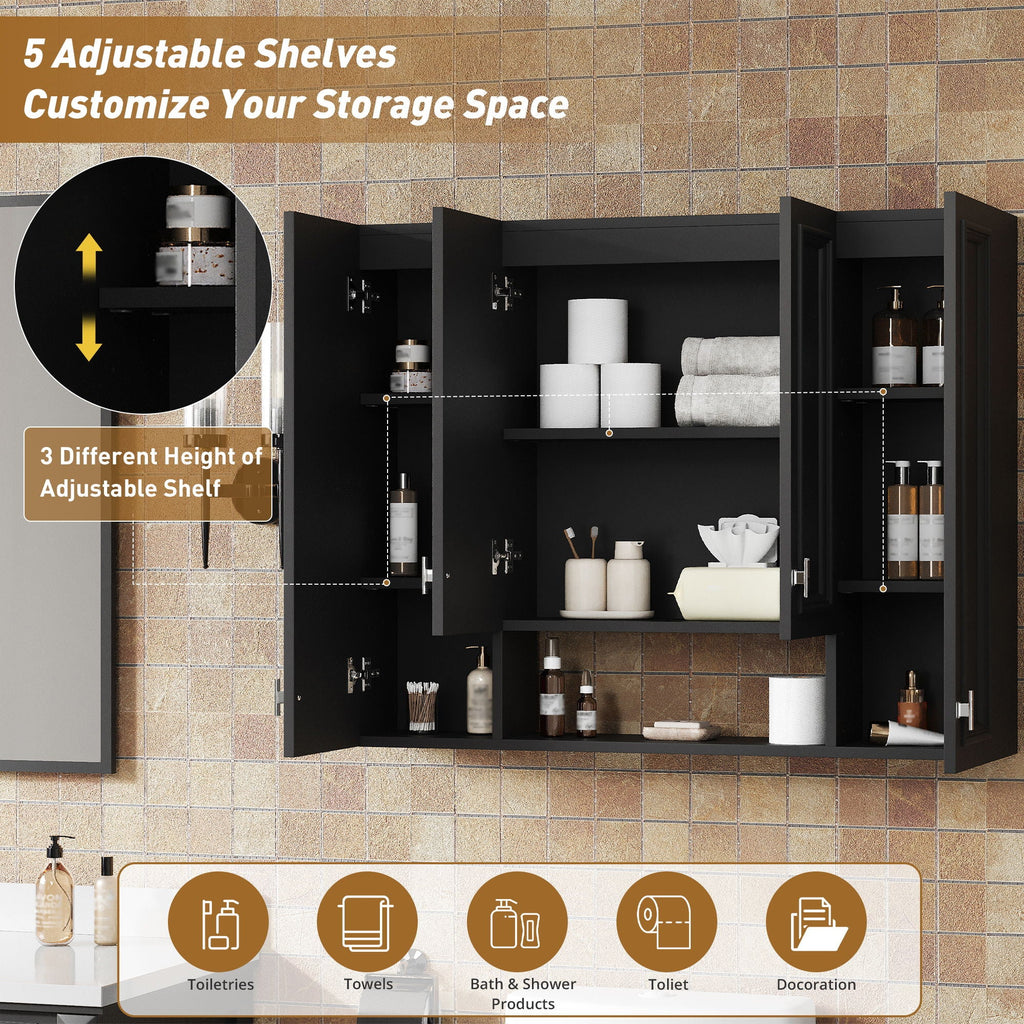 Wall Mounted Bathroom Cabinet With 5 Adjustable Shelves and Soft-Closing Hinges - Gray or Black