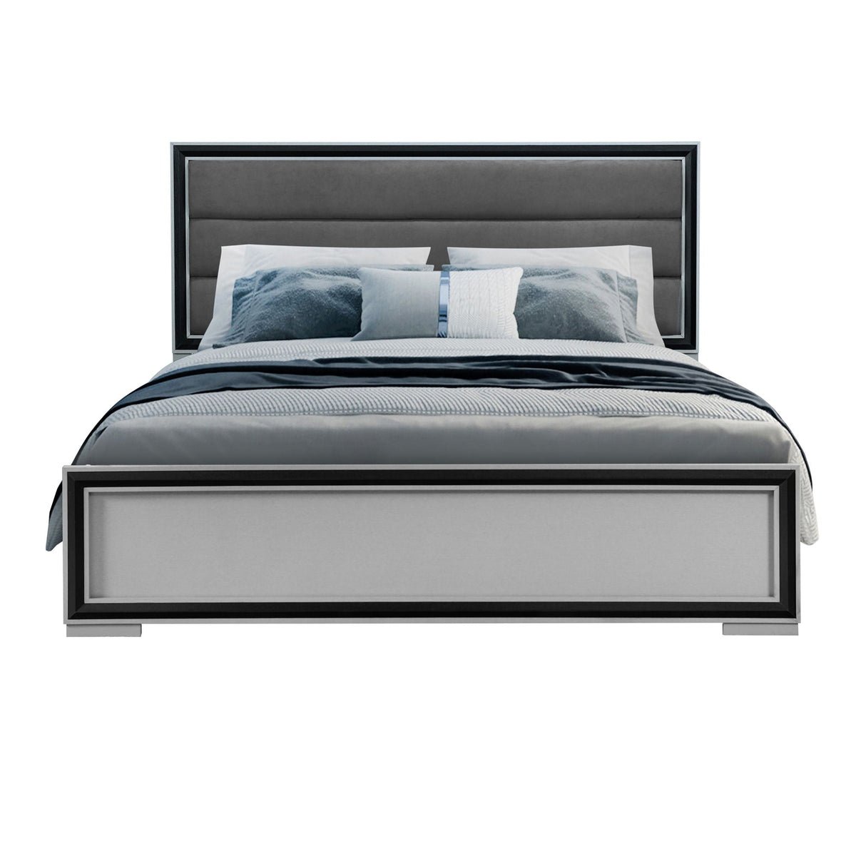 Gray Platform Bed with LED Headboard - Solid Wood