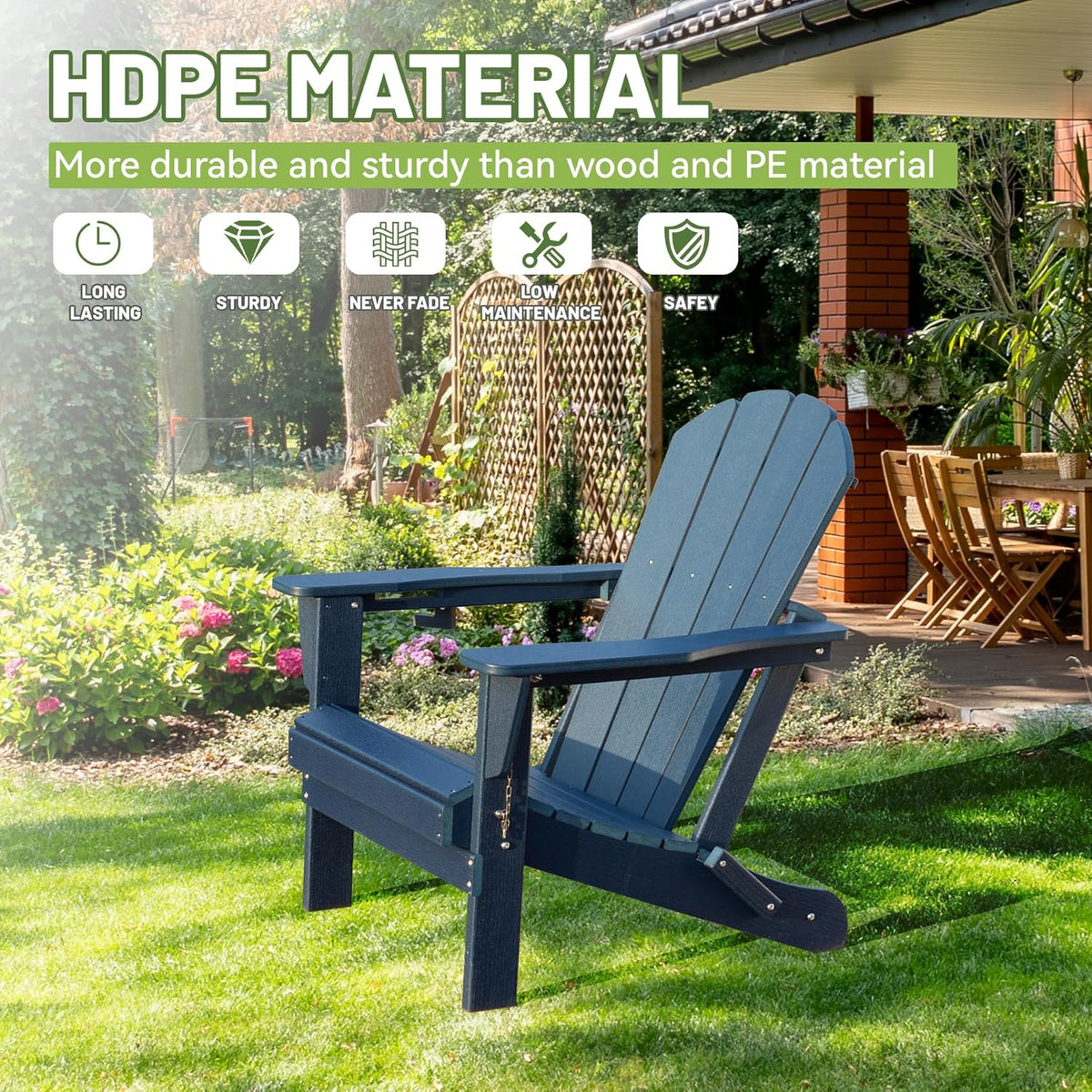 Foldable HDPE Adirondack Chair with Built-In Cup Holder - Dark Blue
