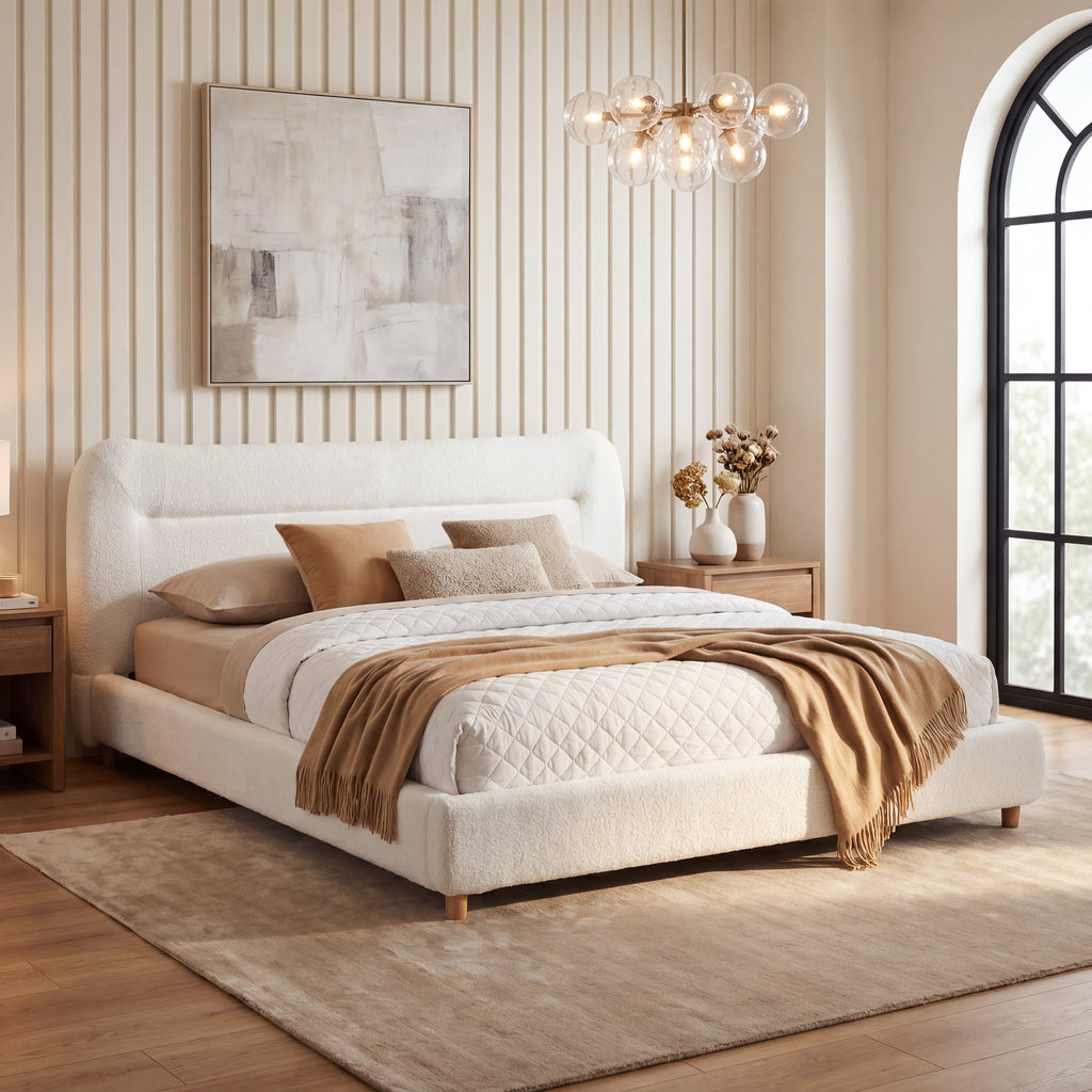 Minimalist Curved Headboard Bed with Teddy Fleece - King