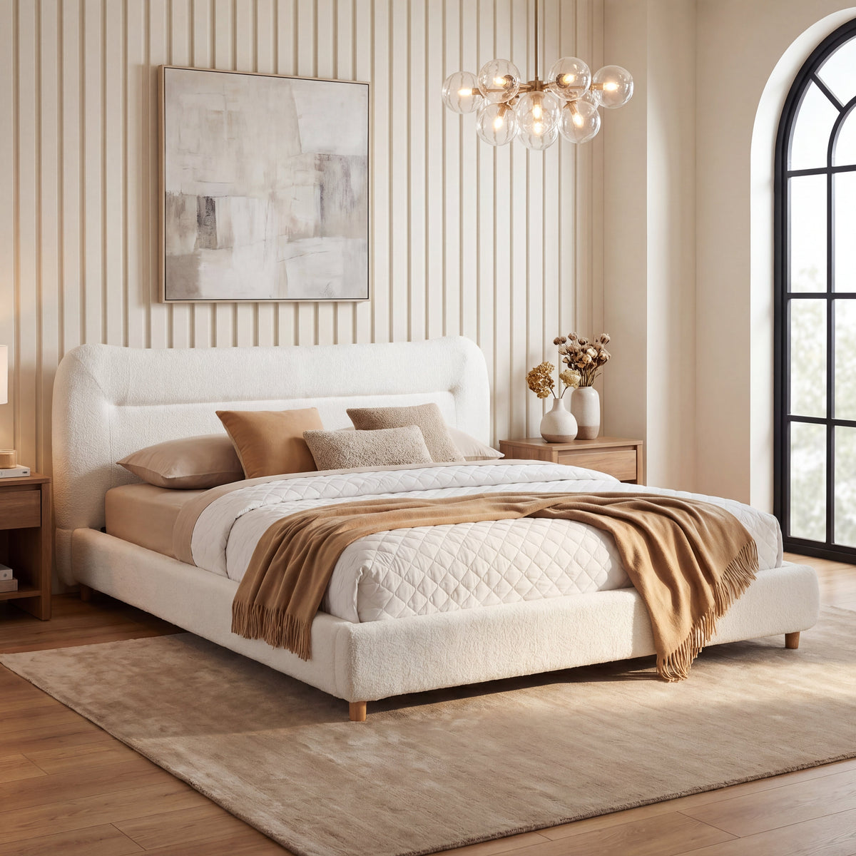 Minimalist Curved Headboard Bed with Teddy Fleece - King
