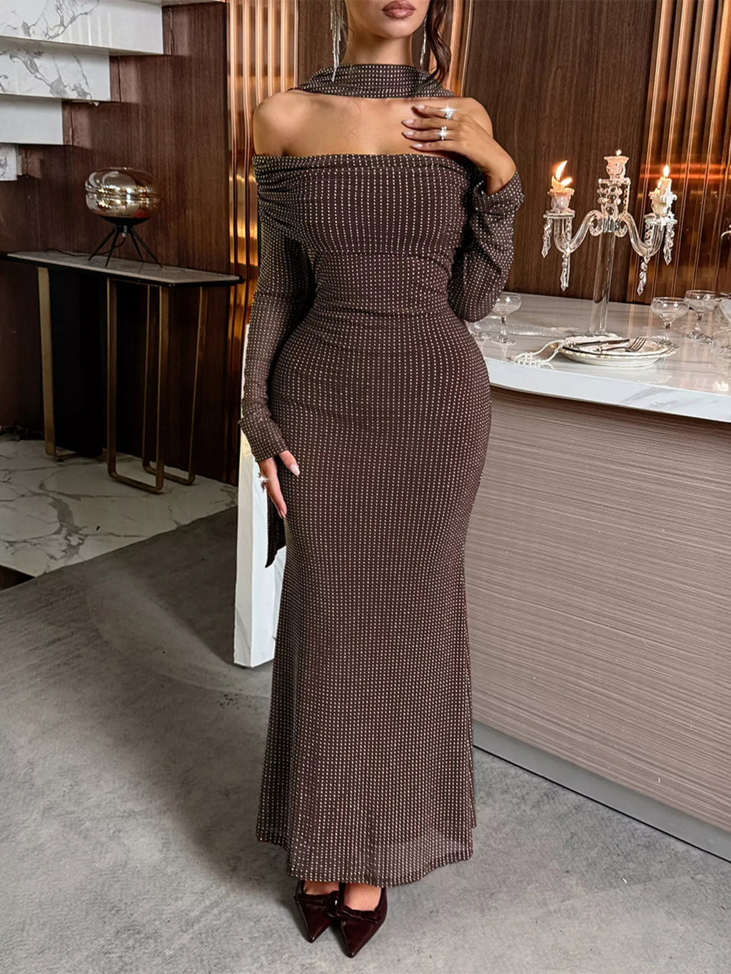 Off-Shoulder Scarf Bodycon Maxi Dress