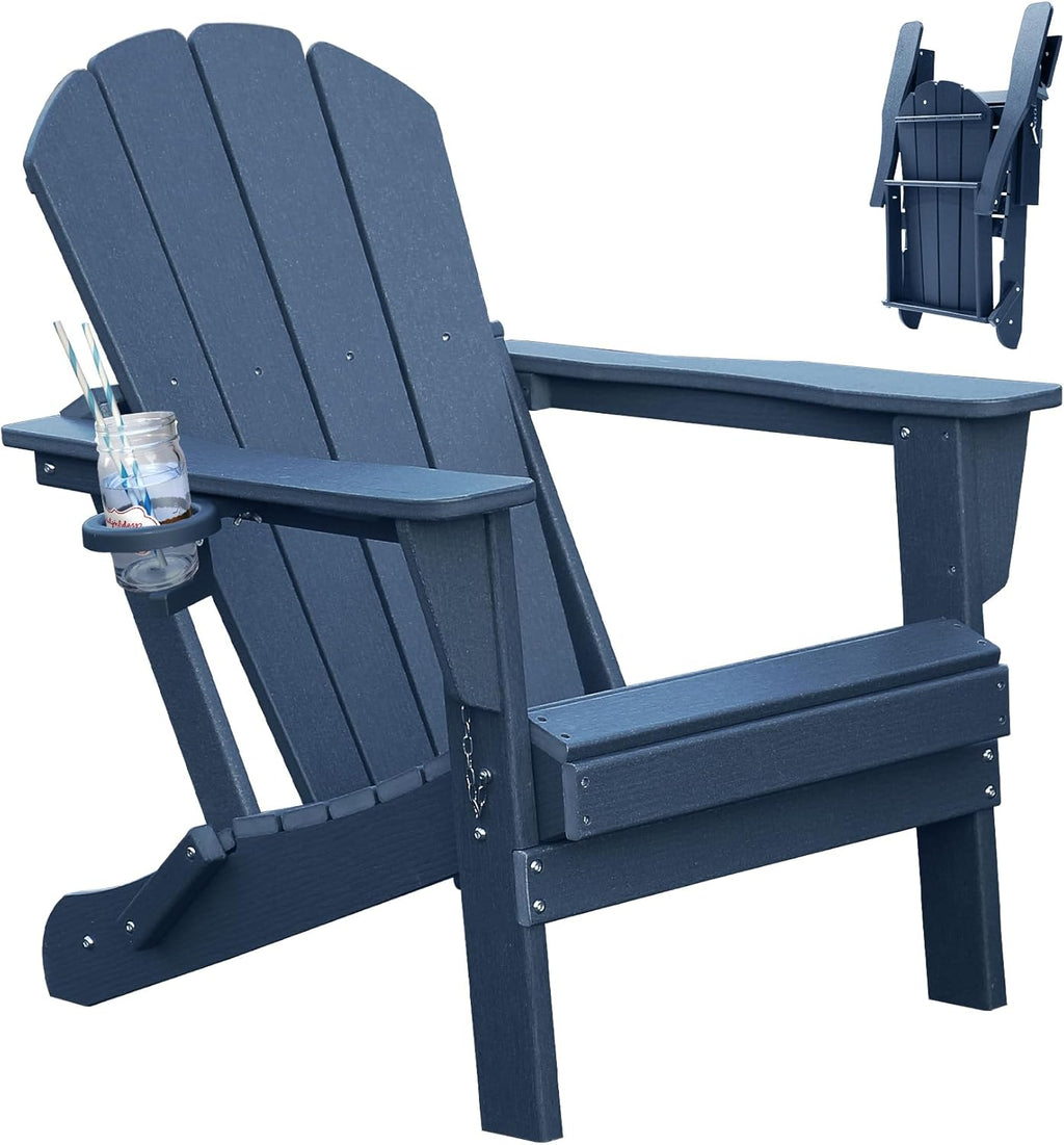 Foldable HDPE Adirondack Chair with Built-In Cup Holder - Dark Blue