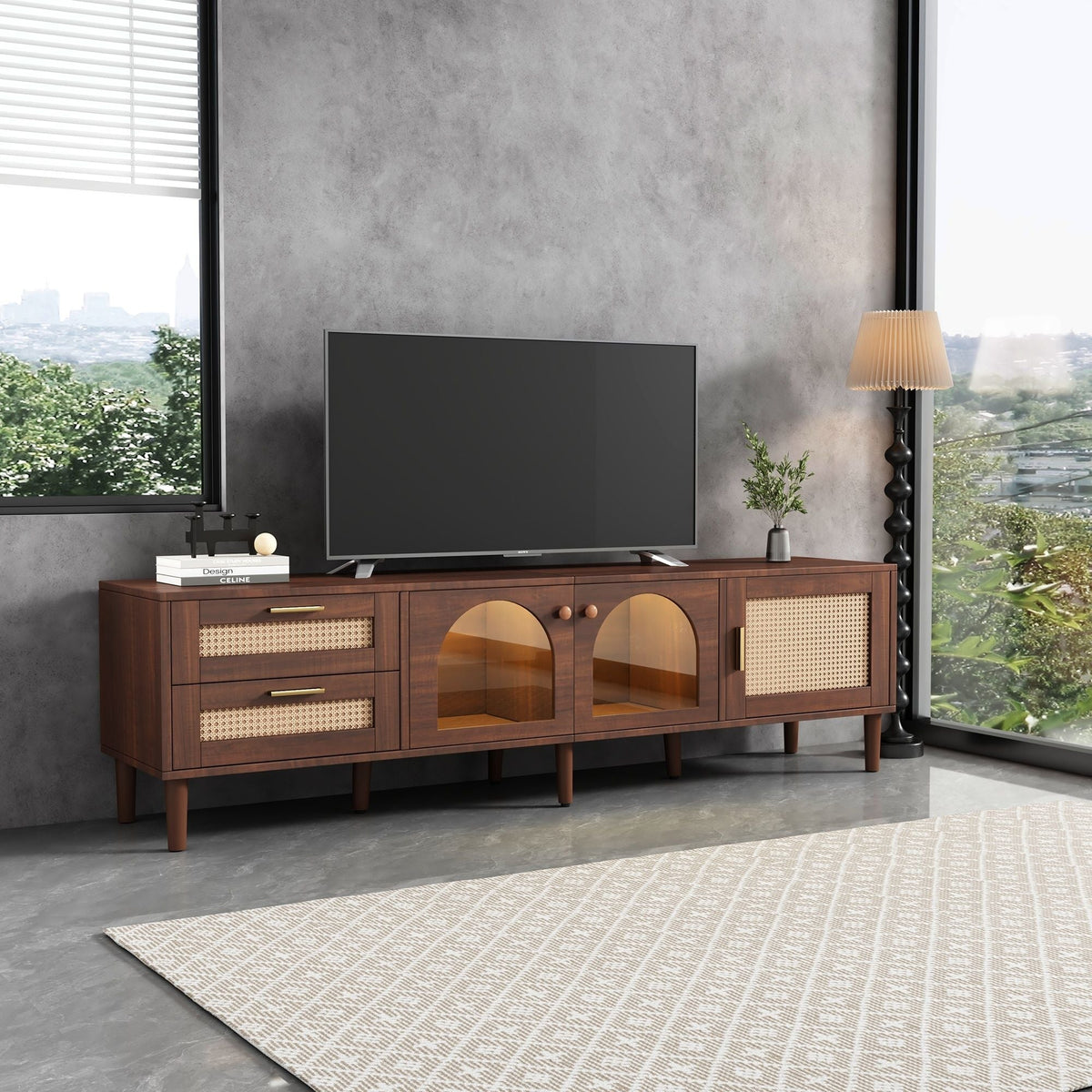 TV Stand With 3 Cabinets & 2 Drawers with LED Light - Dark Brown