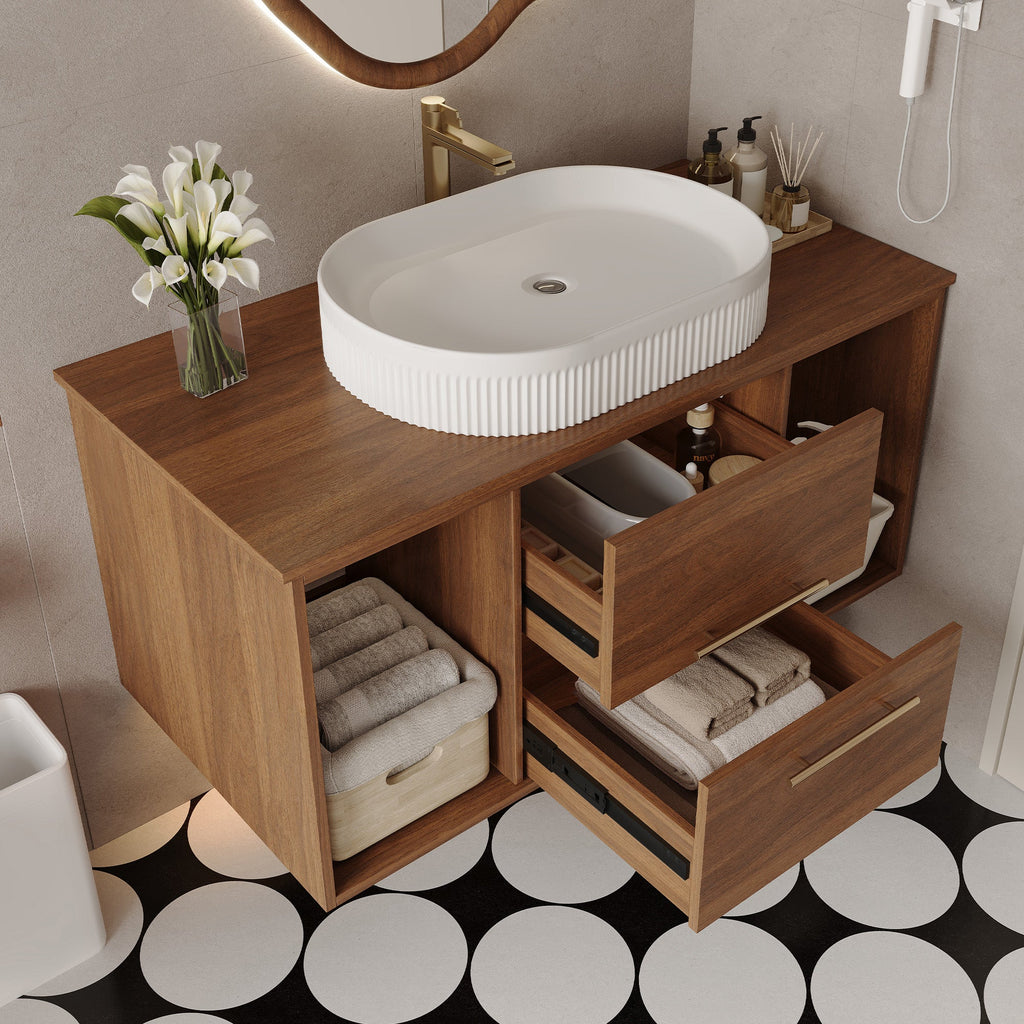 Wall-Mounted Bathroom Vanity with Ceramic Sink - Solid Wood, Floating Design