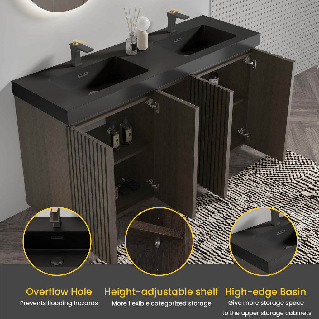 Galan 60" Smoked Oak Bathroom Vanity with Dual Soft-Close Doors - Oak