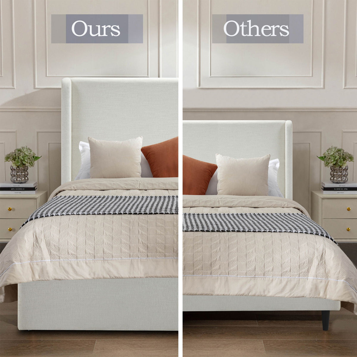 Minimalist Upholstered Wingback Bed Frame with High Headboard - Beige