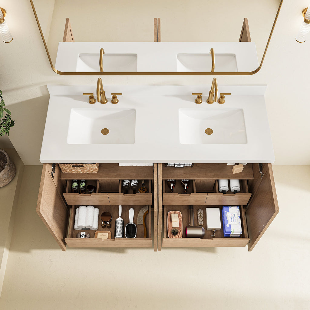 60'' Light Coffee Single Sink Bathroom Vanity with Marble Top - Solid Wood