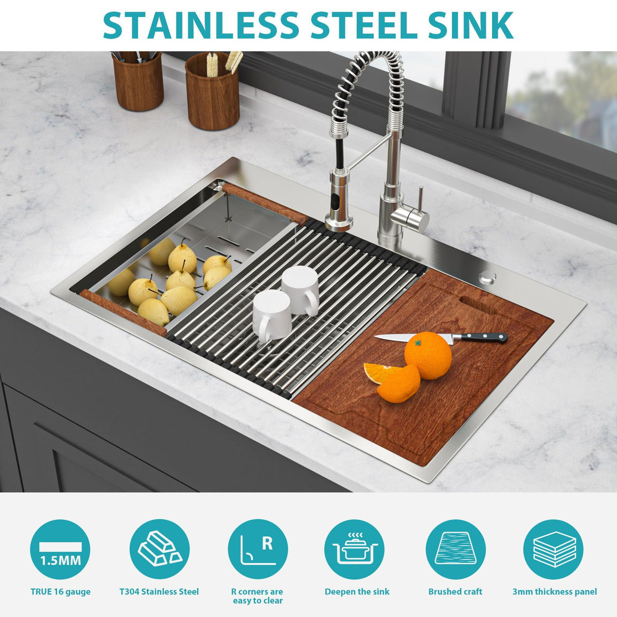 Gray Double Bowl Kitchen Sink with 16 Gauge Stainless Steel - Dual Mount