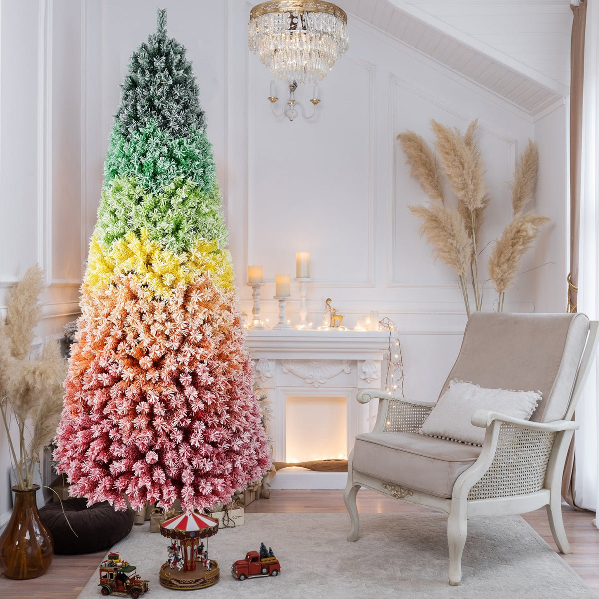 7.5ft Rainbow Gradient Flocked PVC Christmas Tree with Sturdy Metal Stand - Multi-Color