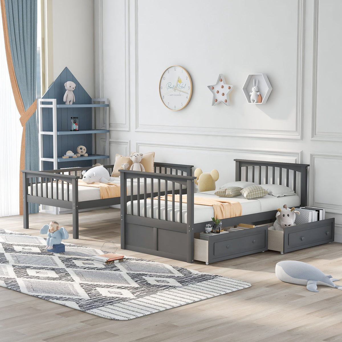Twin Over Twin Bunk Bed with Drawers - Convertible, Solid Pine Wood - White or Dark Gray