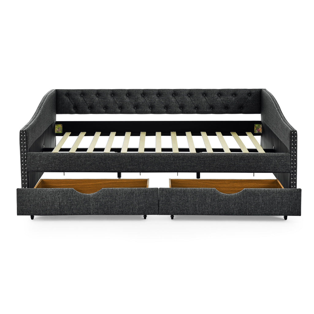 Upholstered Tufted Daybed with 2 Drawers and Waved Arms - Multiple Colors