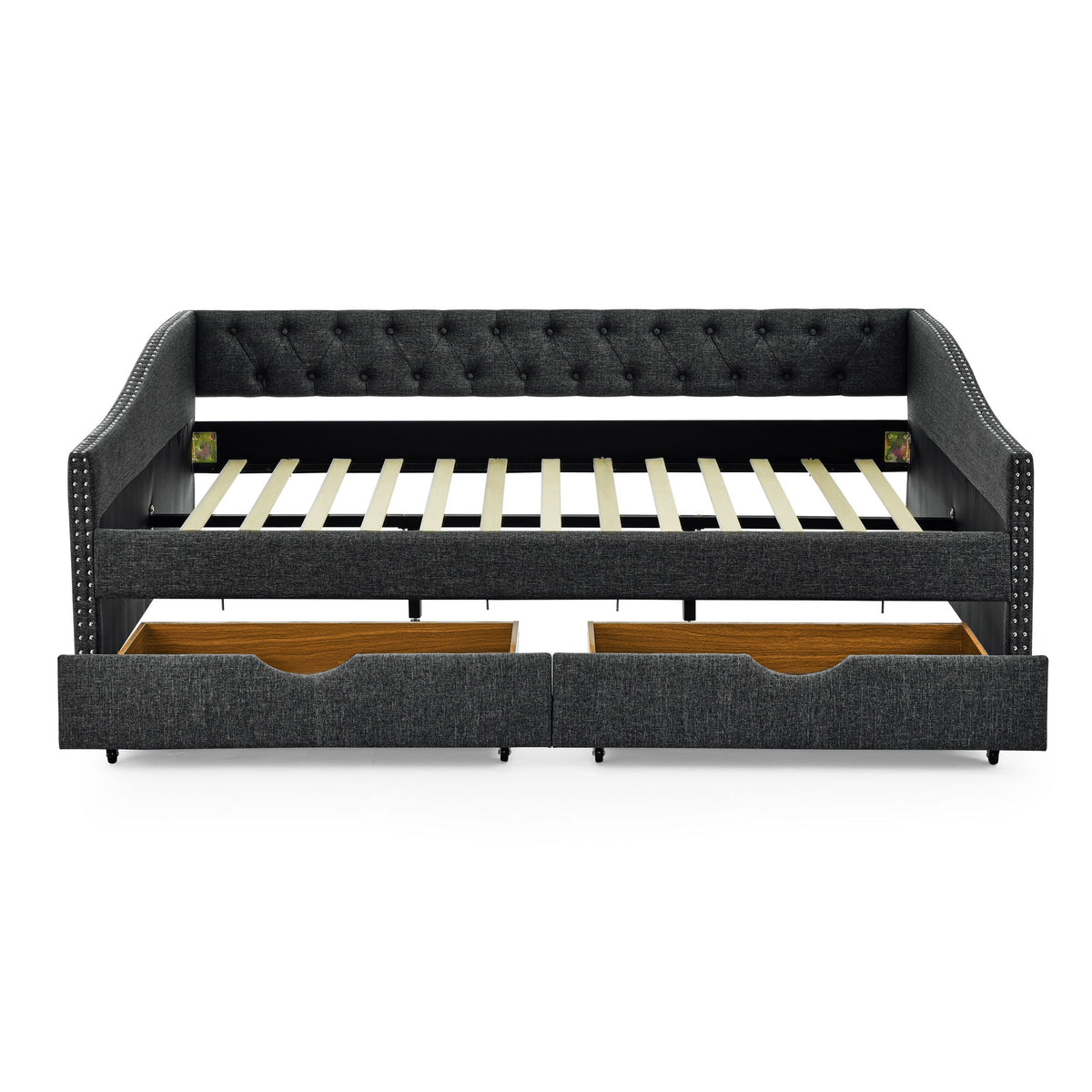 Upholstered Tufted Daybed with 2 Drawers and Waved Arms - Multiple Colors