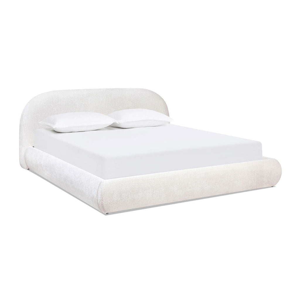 Archie Puffy Grounded Upholstered Platform Bed with Rounded Headboard - Green, White, Beige