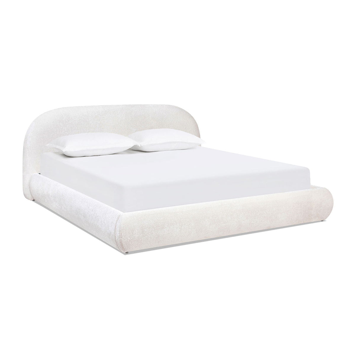 Archie Puffy Grounded Upholstered Platform Bed with Rounded Headboard - Green, White, Beige