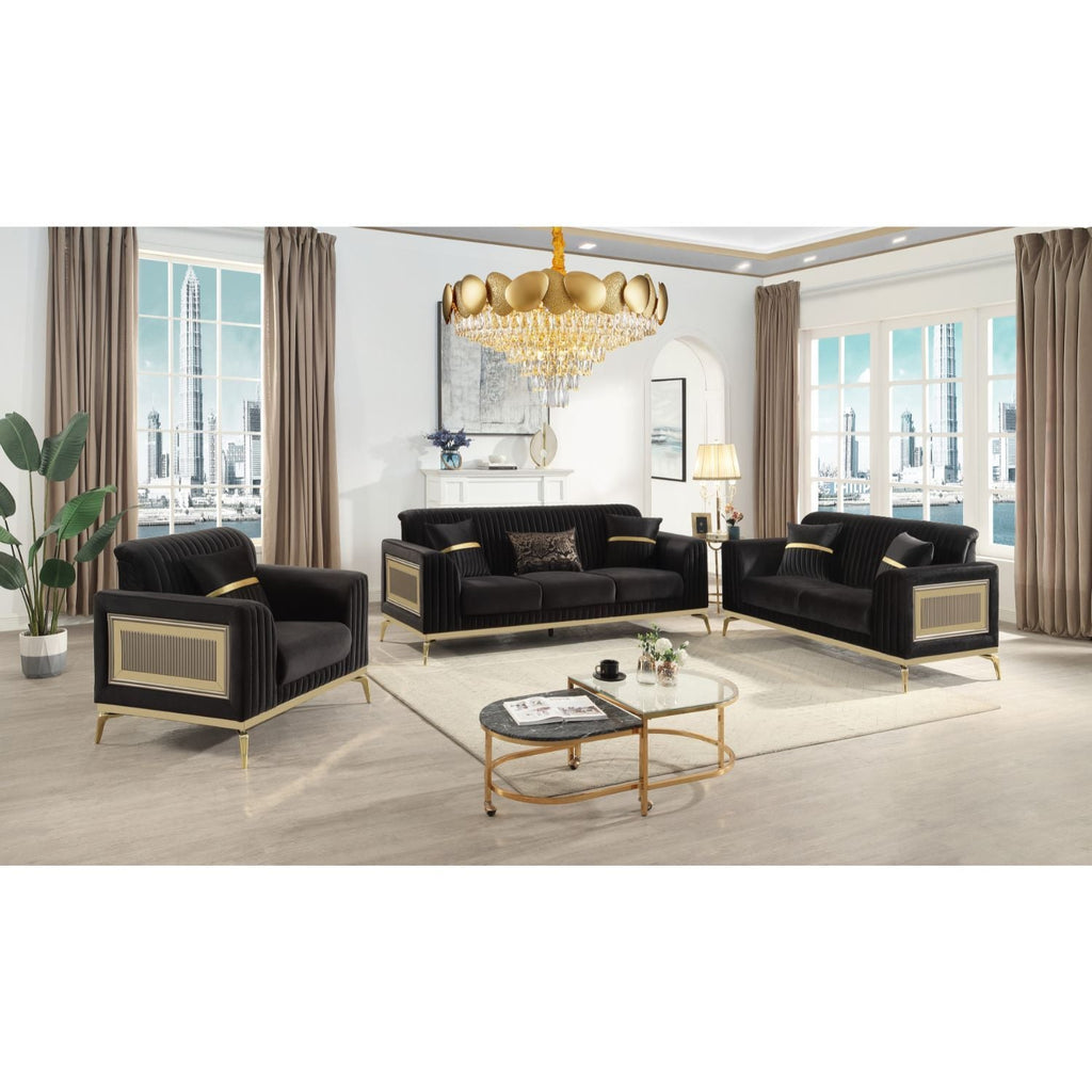 Antigua 2 Piece Living Room Set with Plush Cushions and Metal Accents - Black or Light Brown