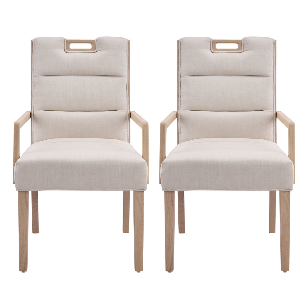 Upholstered Dining Chairs with Armrests - Fabric & Rubber Wood - Beige/Natural