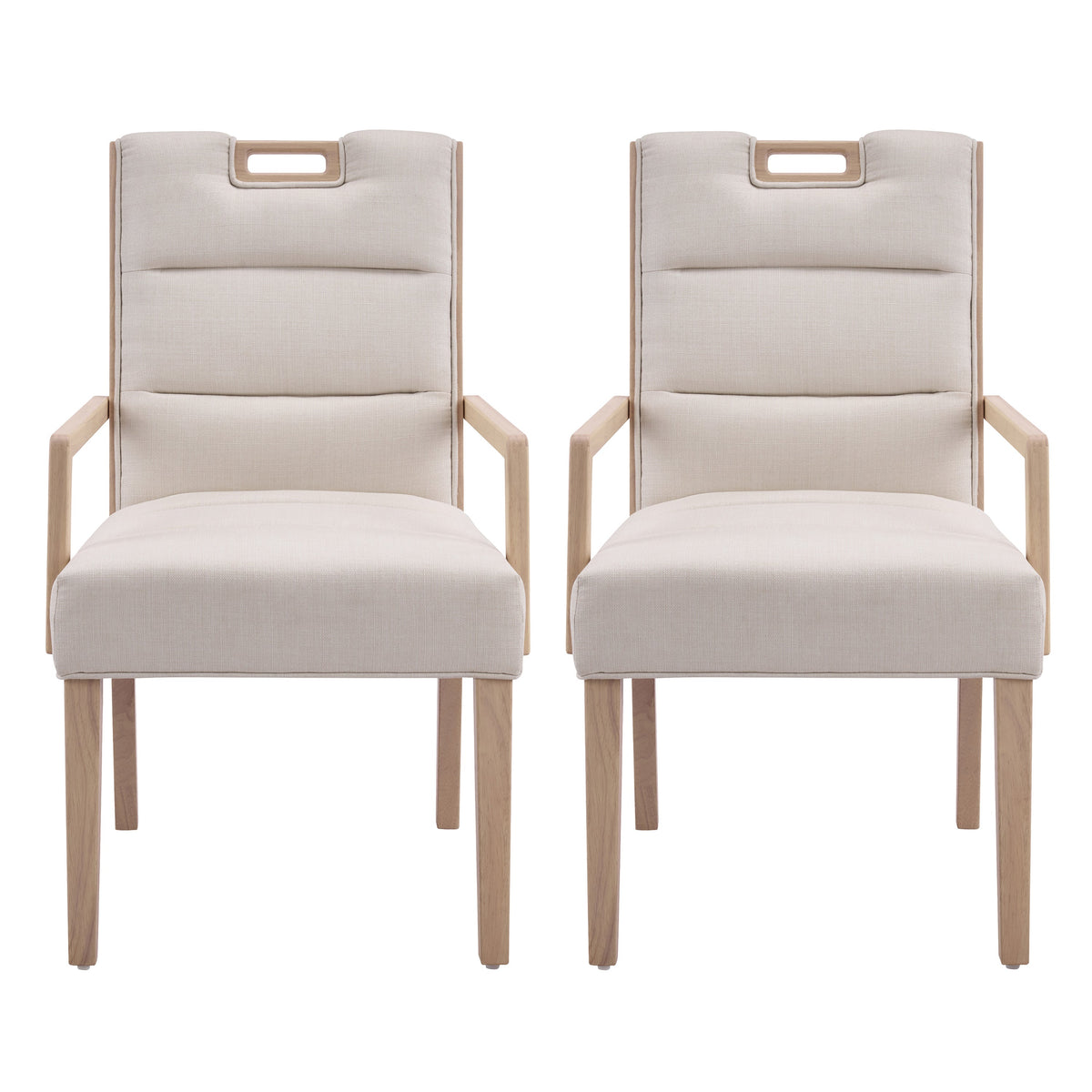 Upholstered Dining Chairs with Armrests - Fabric & Rubber Wood - Beige/Natural