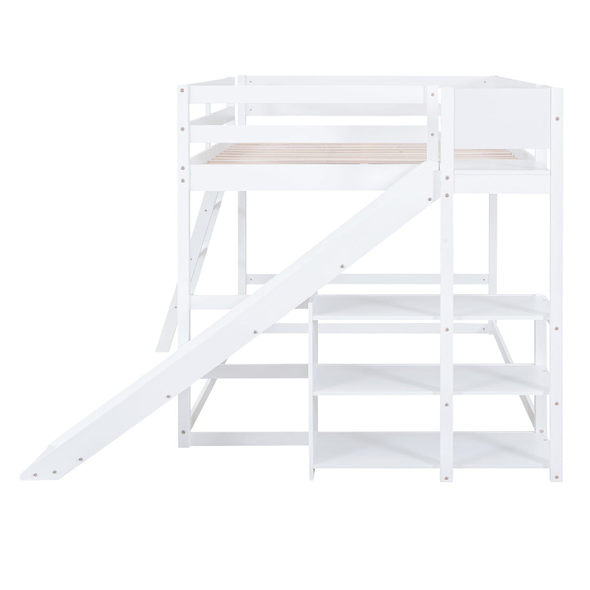 Bunk Bed With Ladder, Slide, and Shelves - Pine Wood, Full Over Full