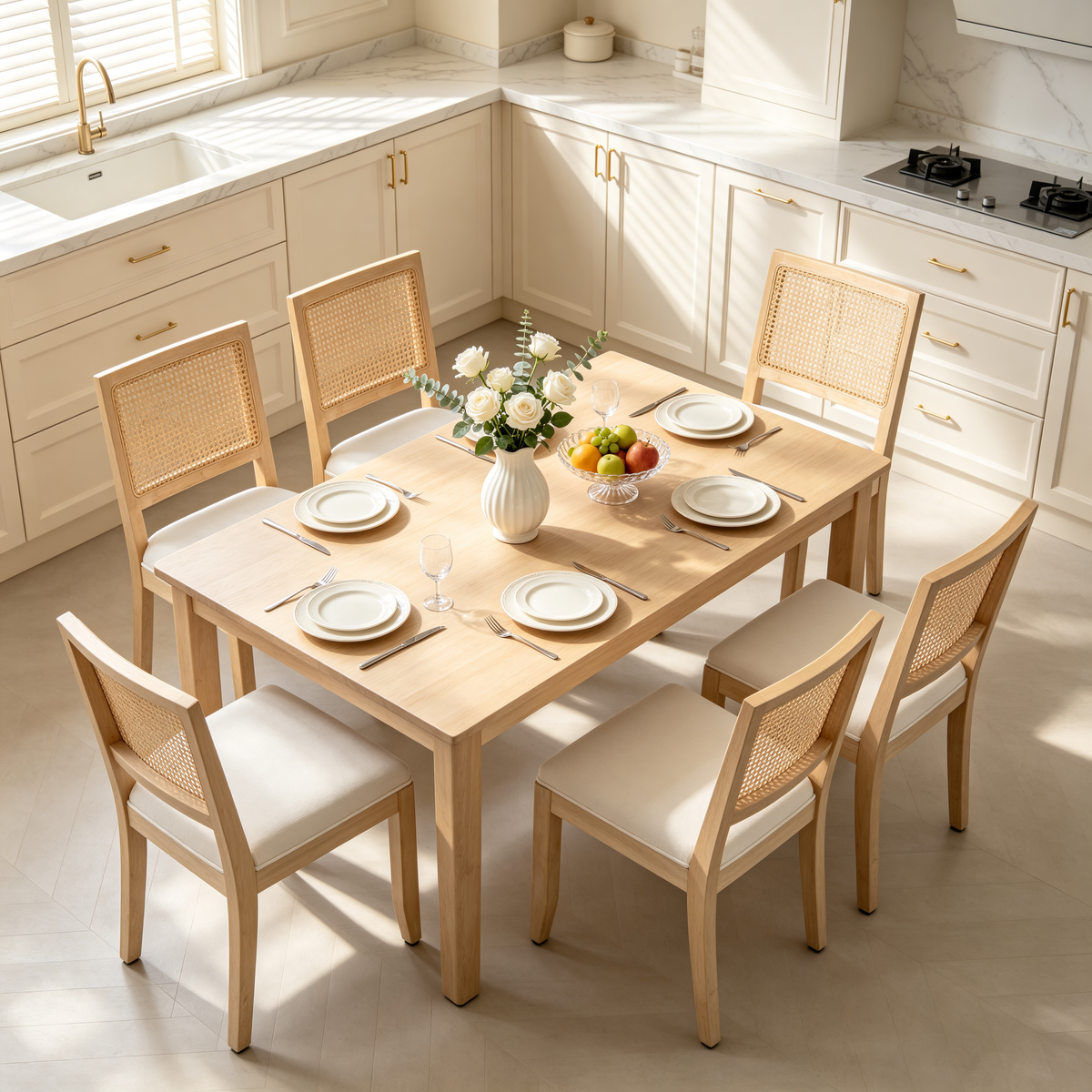 Farmhouse Rattan Dining Chairs Set of 2 with Linen Upholstery - Natural