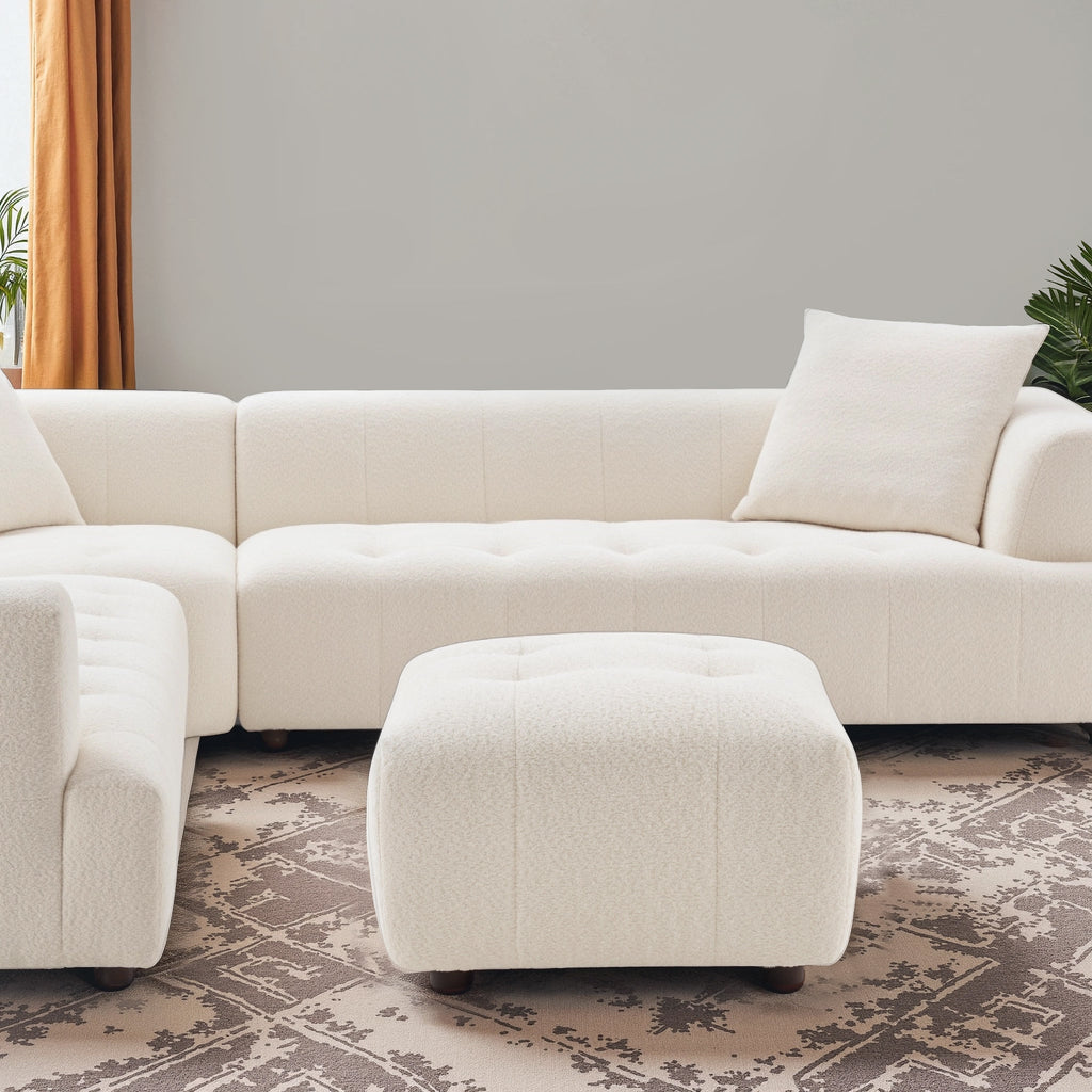 Bouclé Tufted Ottoman with Biscuit Tufting - White