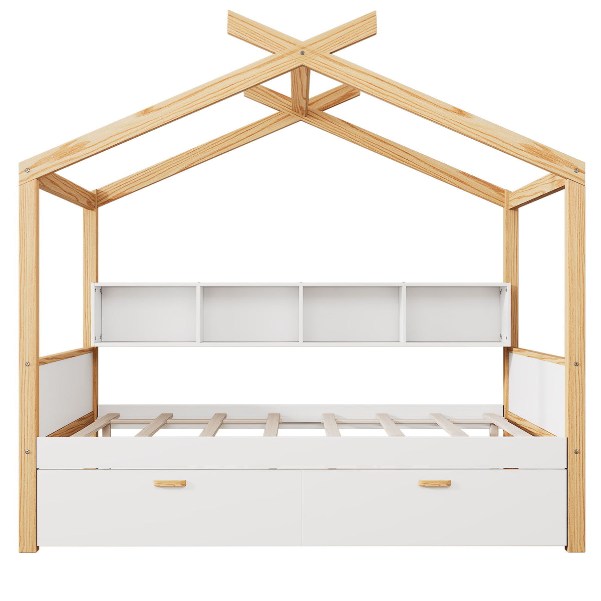House Bed With Bookshelf Storage and Integrated Shelves - White
