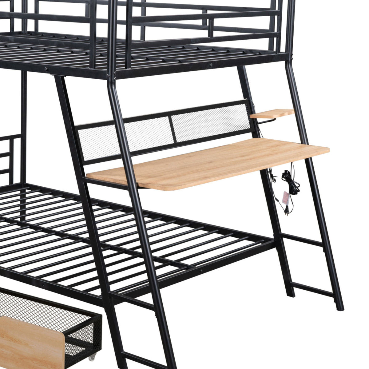 Full Size Bunk Bed with Built-In Desk, Light & 2 Drawers - Black