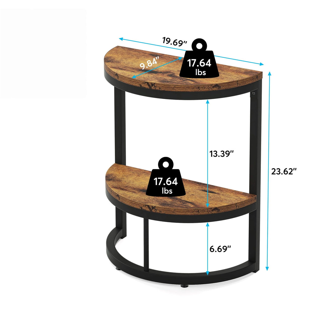 Slim Half Moon 2 Tier Semi Circle End Table with Wide Storage - Rustic Brown