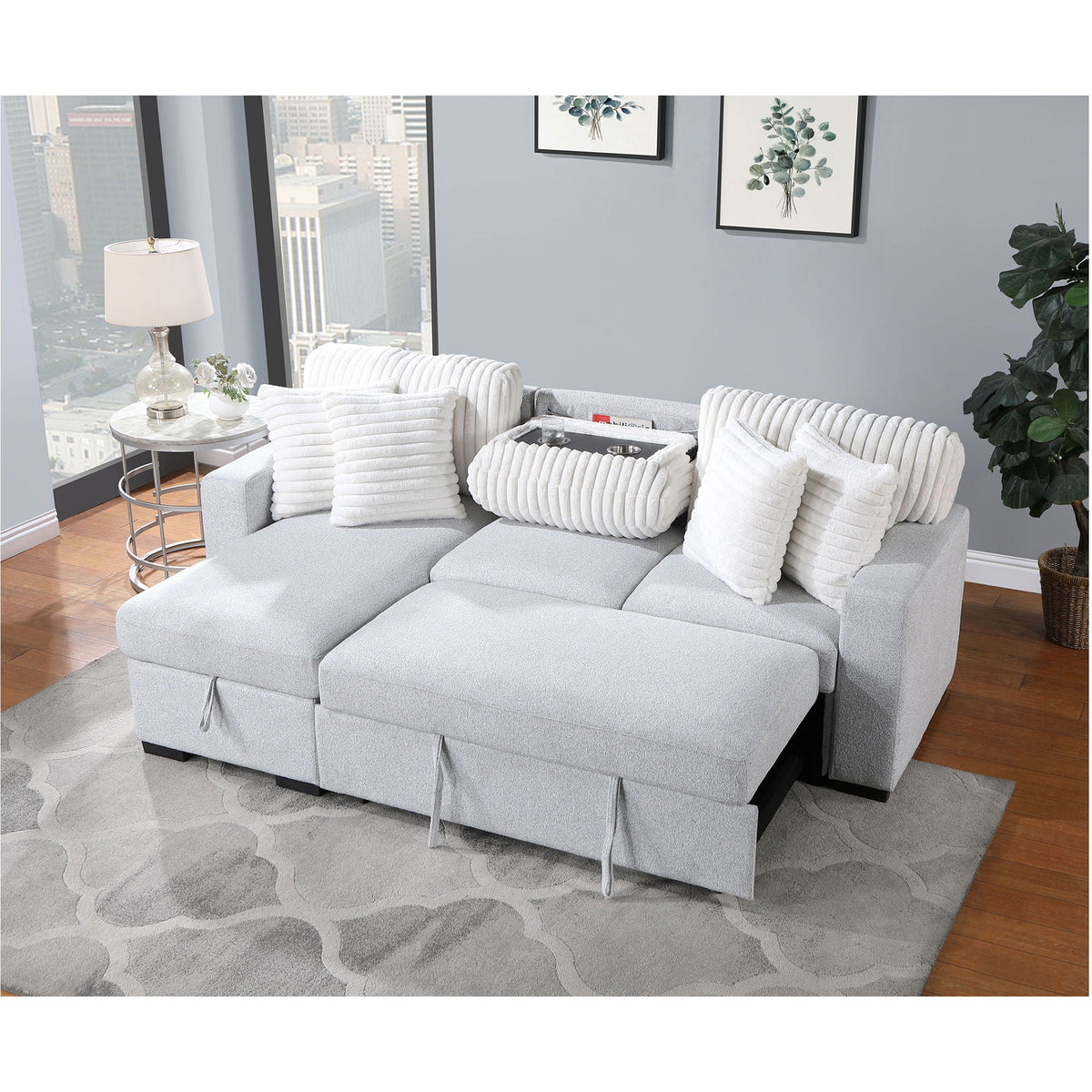 Reversible Pull Out Sofa Bed with Cup Holders - Light Gray