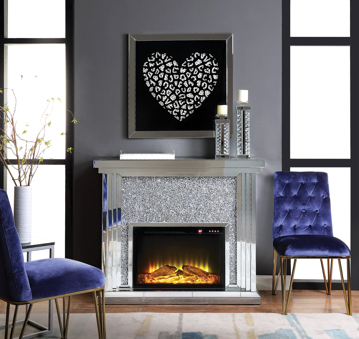Mirrored Electric Fireplace with Faux Diamond Inlay - Silver