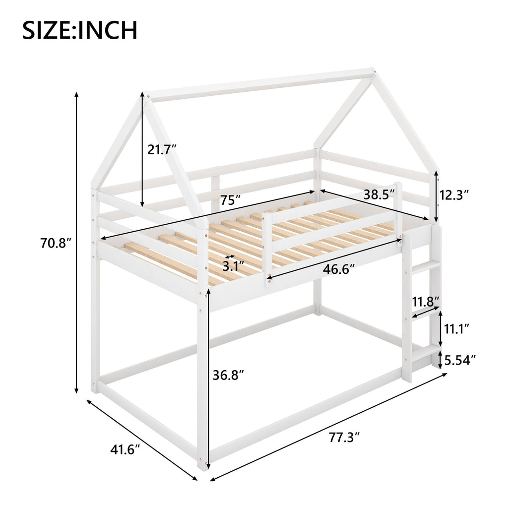 Low Bunk Bed With House Shaped Frame and Ladder - Twin Over Twin