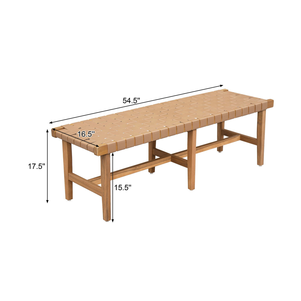Acacia Wood Bedroom Bench with Woven PU Leather Seat - Warm Teak