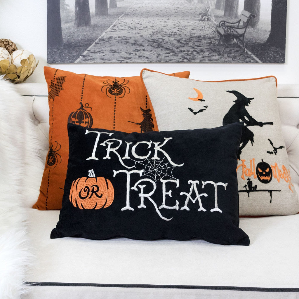 Embroidered Halloween Lumbar Pillow with Festive Designs - Black