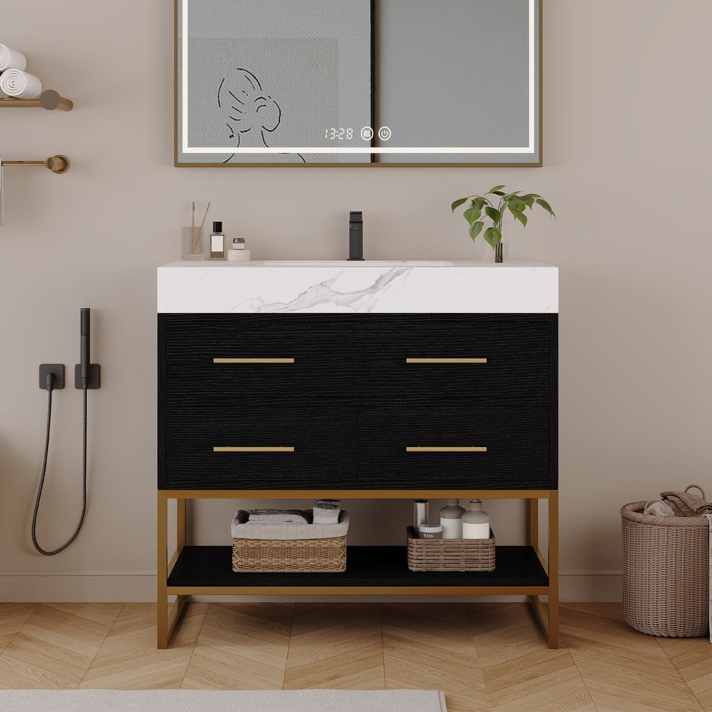 36" Artificial Stone Bathroom Vanity with Ceramic Sink - Black/White