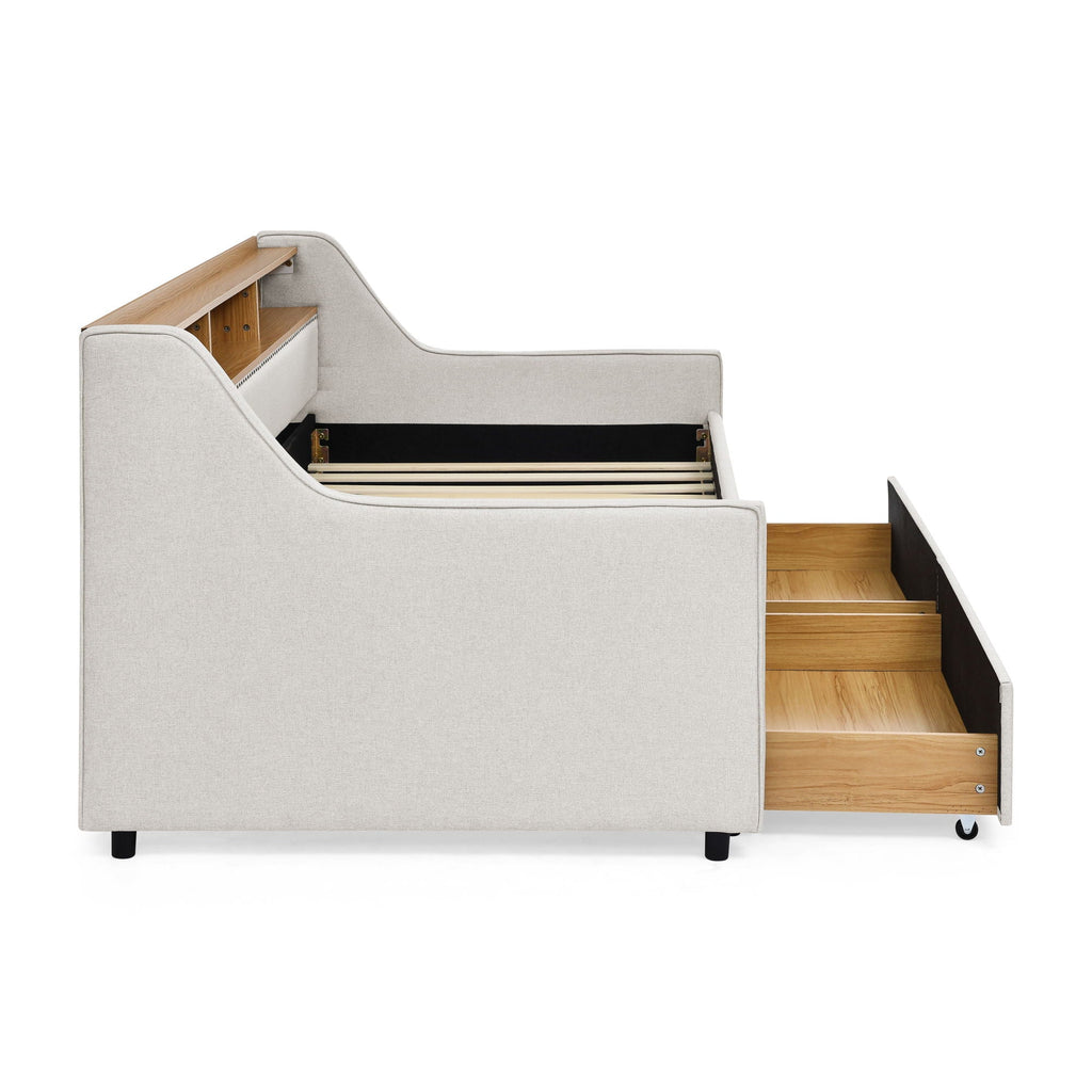 Twin Upholstered Sofa Bed with LED Lights and Storage Drawers - Beige