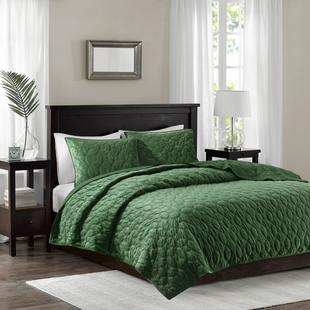 Green 3 Piece Velvet Quilt Set with Antimicrobial Finish