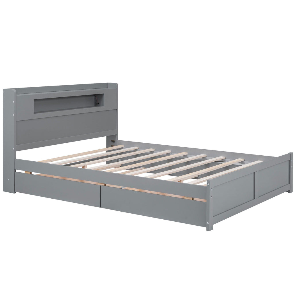 Storage Platform Bed with LED Lights, 2 Drawers and Trundle - Queen