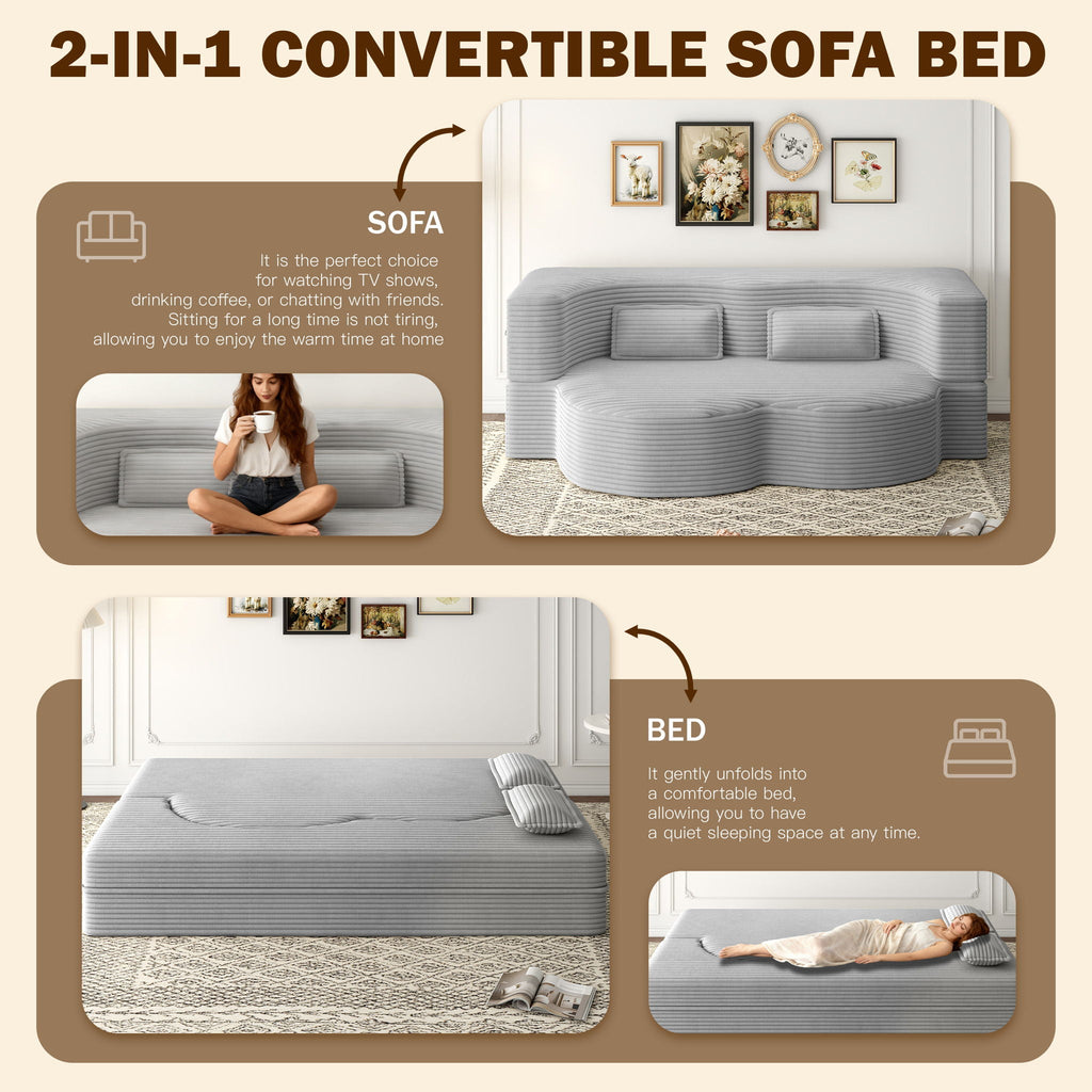 Convertible Floor Sofa with 2 Pillows - Twin Size Corduroy - White or Gray