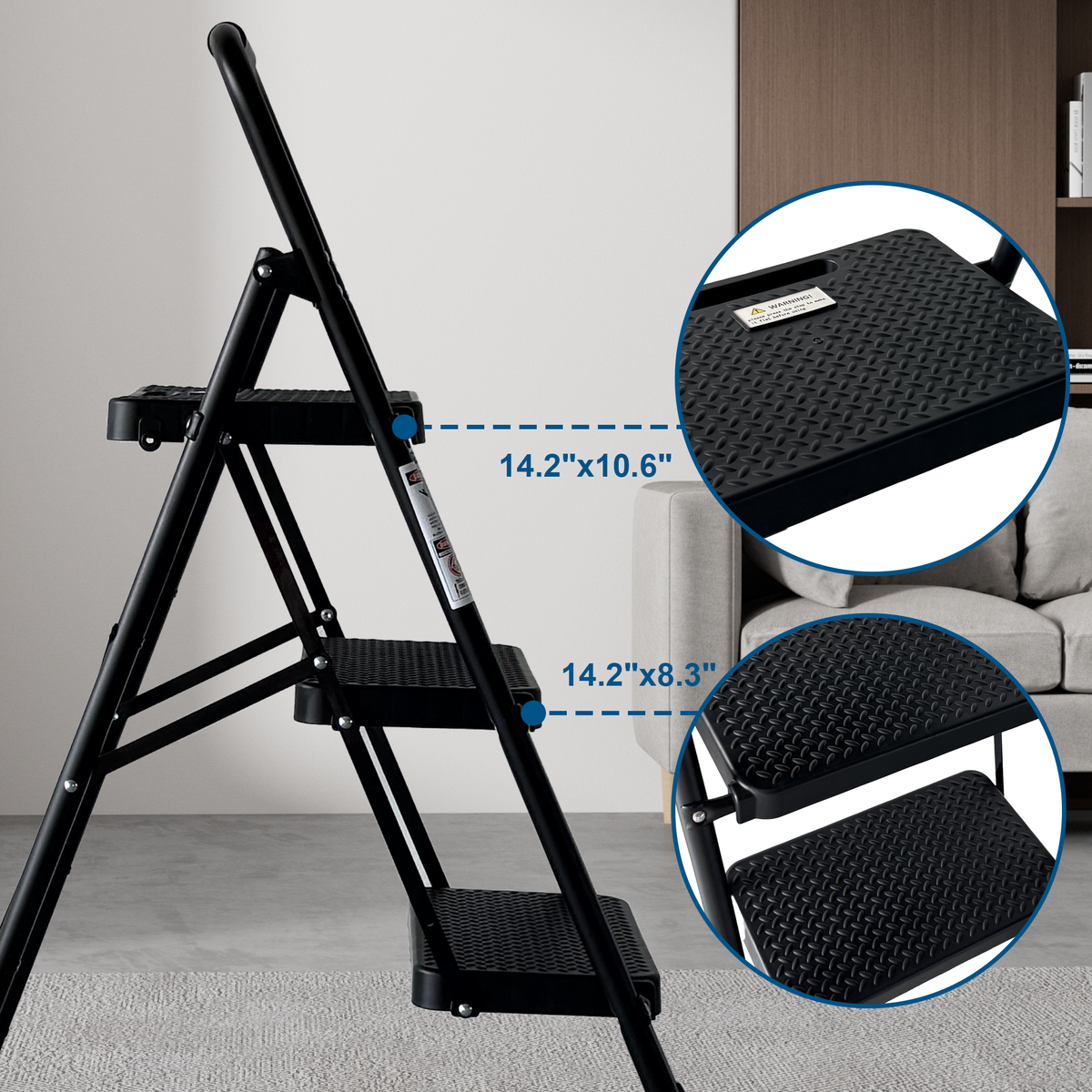 3 Step Ladder Folding Step Stool with Wide Anti-Slip Pedal - Black