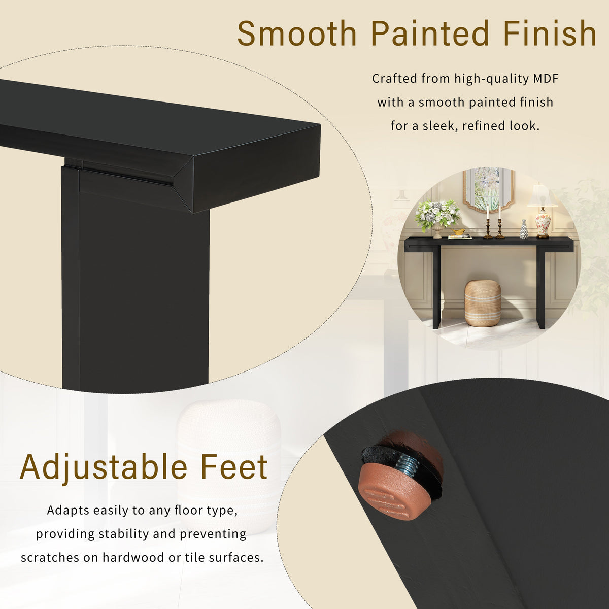 60-Inch Console Table with Geometric Design and Adjustable Feet - Black or Navy Blue