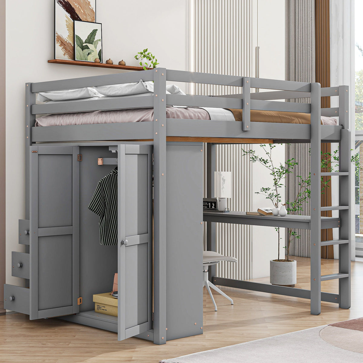Full Size Loft Bed with Built-In Wardrobe, Shelves, and Drawers - White or Dark Gray
