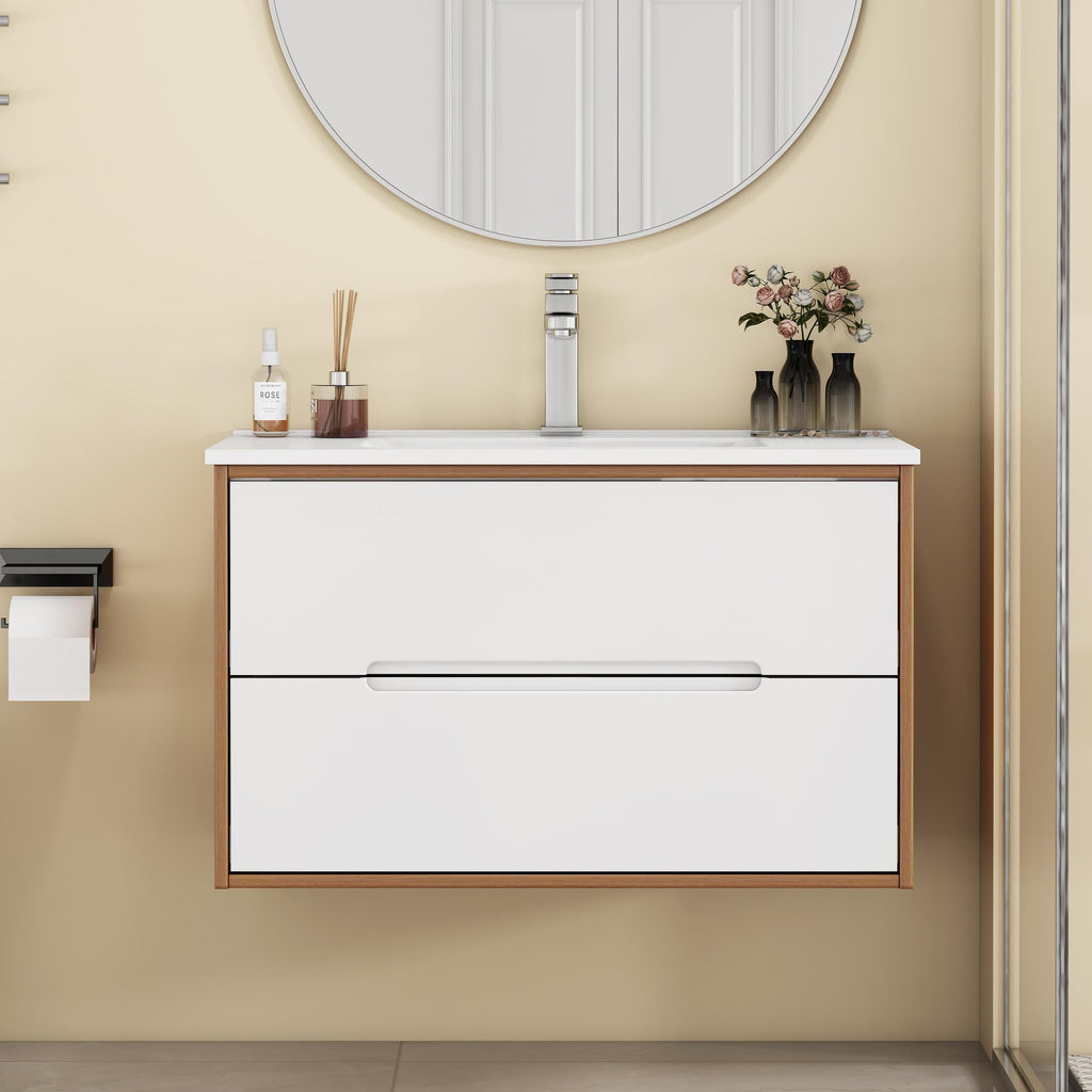 32-Inch Wall-Mounted Bathroom Vanity with Ceramic Sink Combo - Walnut/White