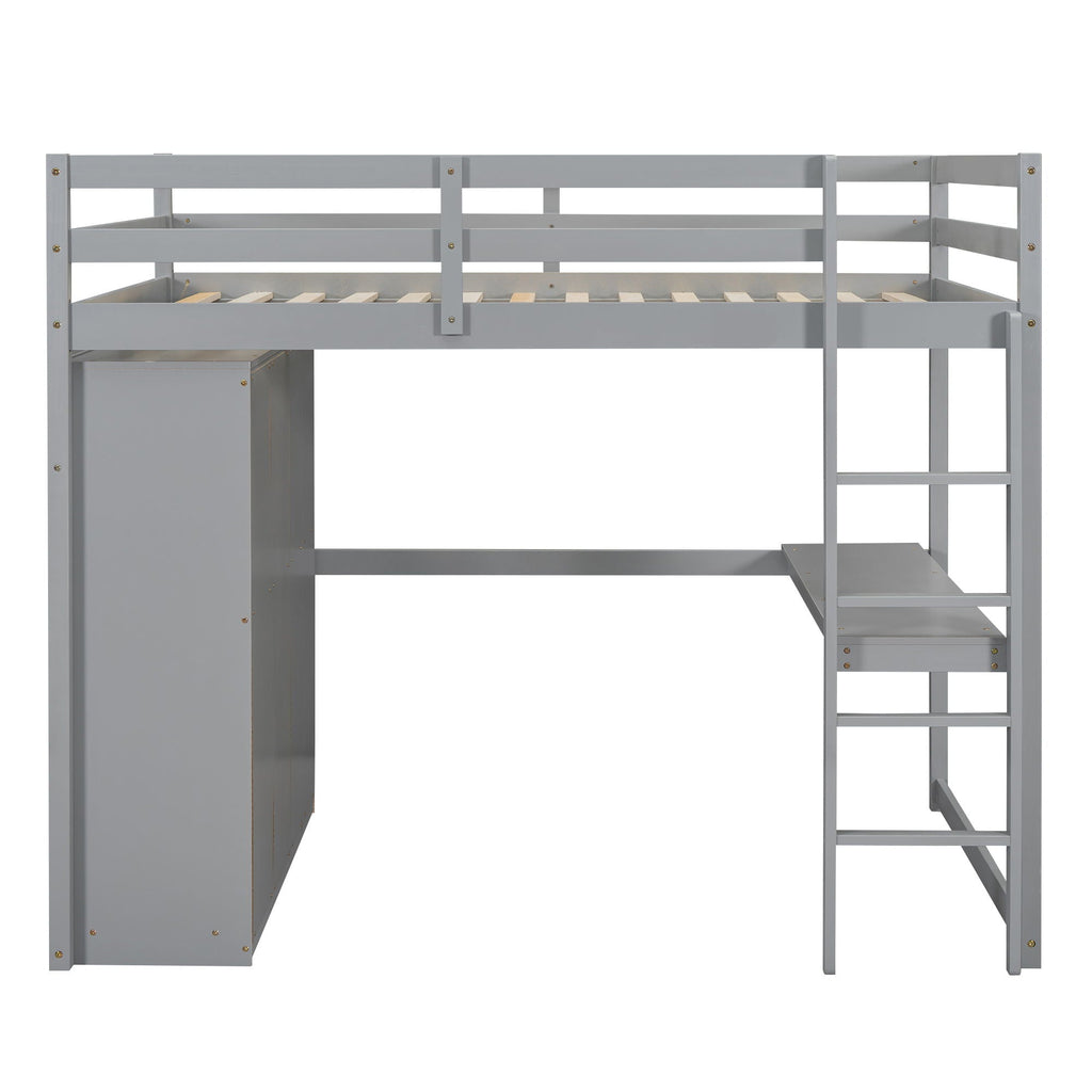 Full Size Loft Bed with Built-In Wardrobe, Shelves, and Drawers - White or Dark Gray