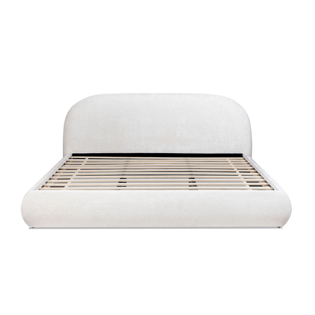 Archie Puffy Grounded Upholstered Platform Bed with Rounded Headboard - Green, White, Beige