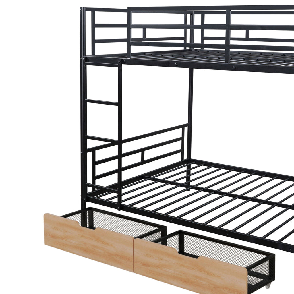 Full Size Bunk Bed with Built-In Desk, Light & 2 Drawers - Black
