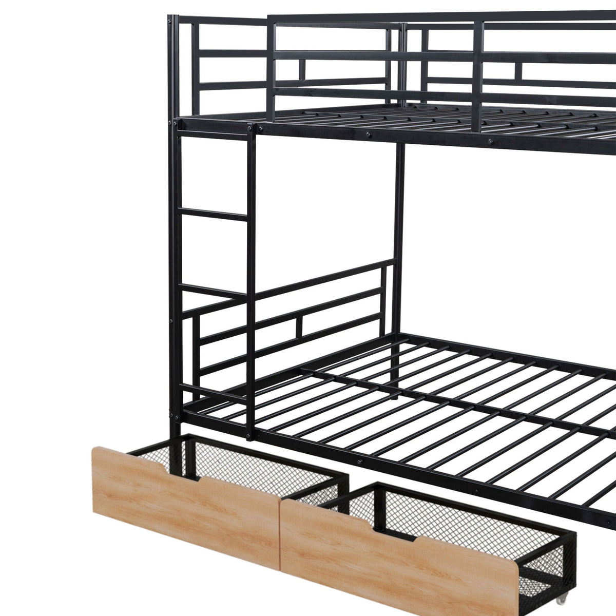 Full Size Bunk Bed with Built-In Desk, Light & 2 Drawers - Black