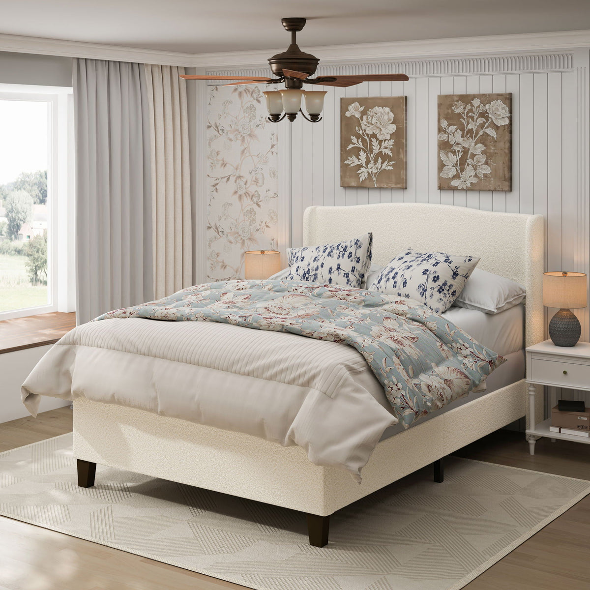 Platform Bed Frame with Tall Headboard and High Footboard - White or Gray